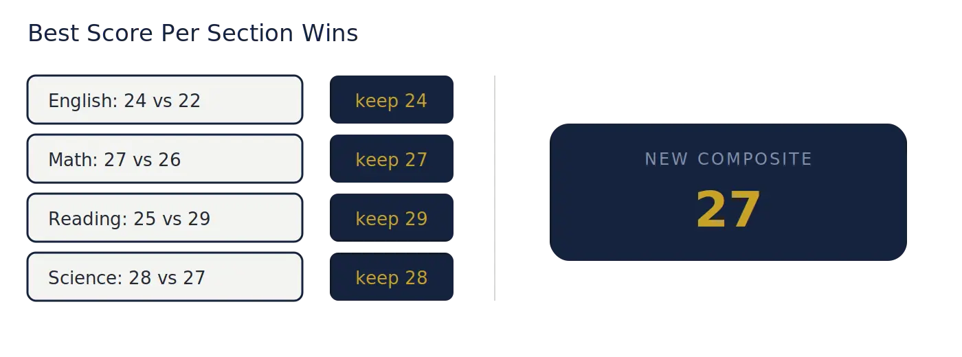 ACT superscore calculator diagram showing the highest score chosen for each section across two test attempts