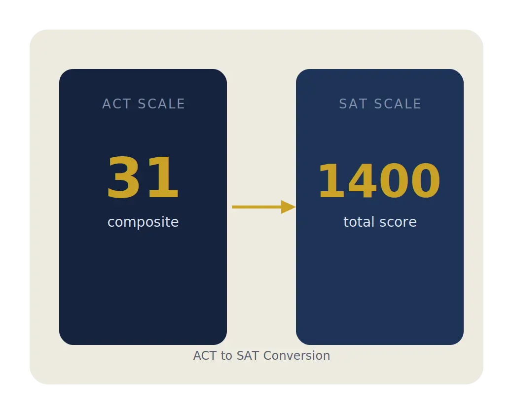 ACT to SAT conversion illustration showing a composite ACT score of 31 matched to an equivalent SAT score of 1400