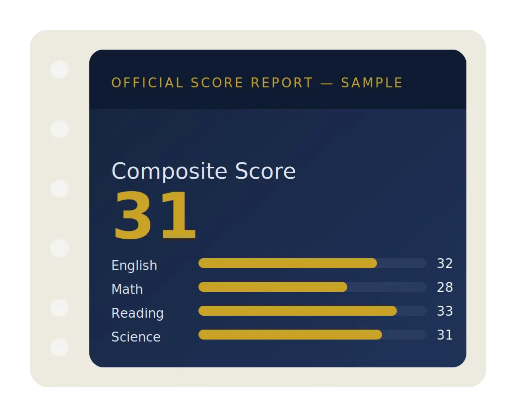 Illustration of an ACT score calculator report card showing a composite score of 31 with section score bars for English, Math, Reading, and Science